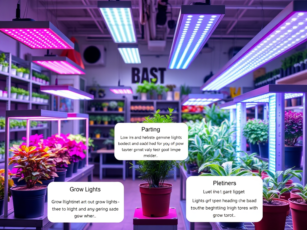 A vibrant indoor garden with LED grow lights illuminating various potted plants on shelves.