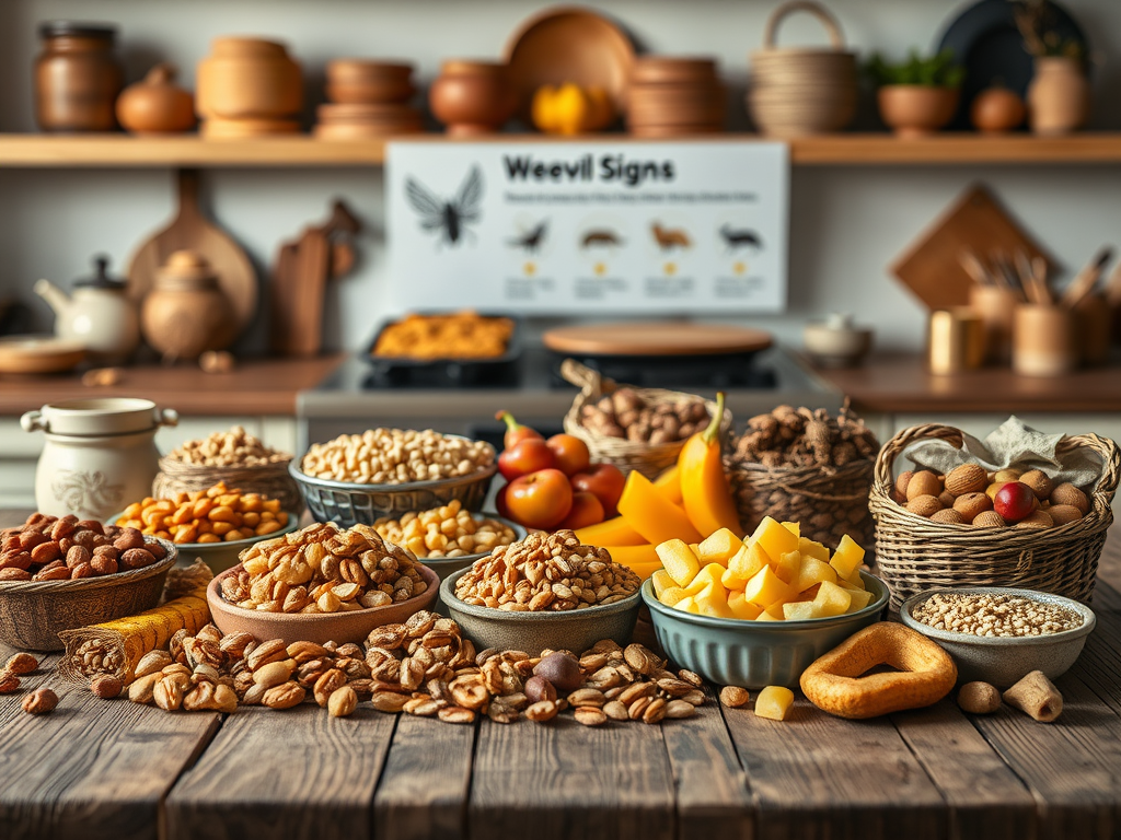 A variety of nuts and dried fruits displayed in bowls, with a sign about weevil signs in the background.