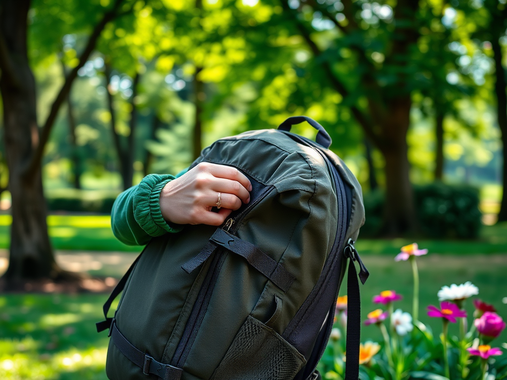 A person in a green sweater zips a dark backpack in a vibrant garden filled with blooming flowers.