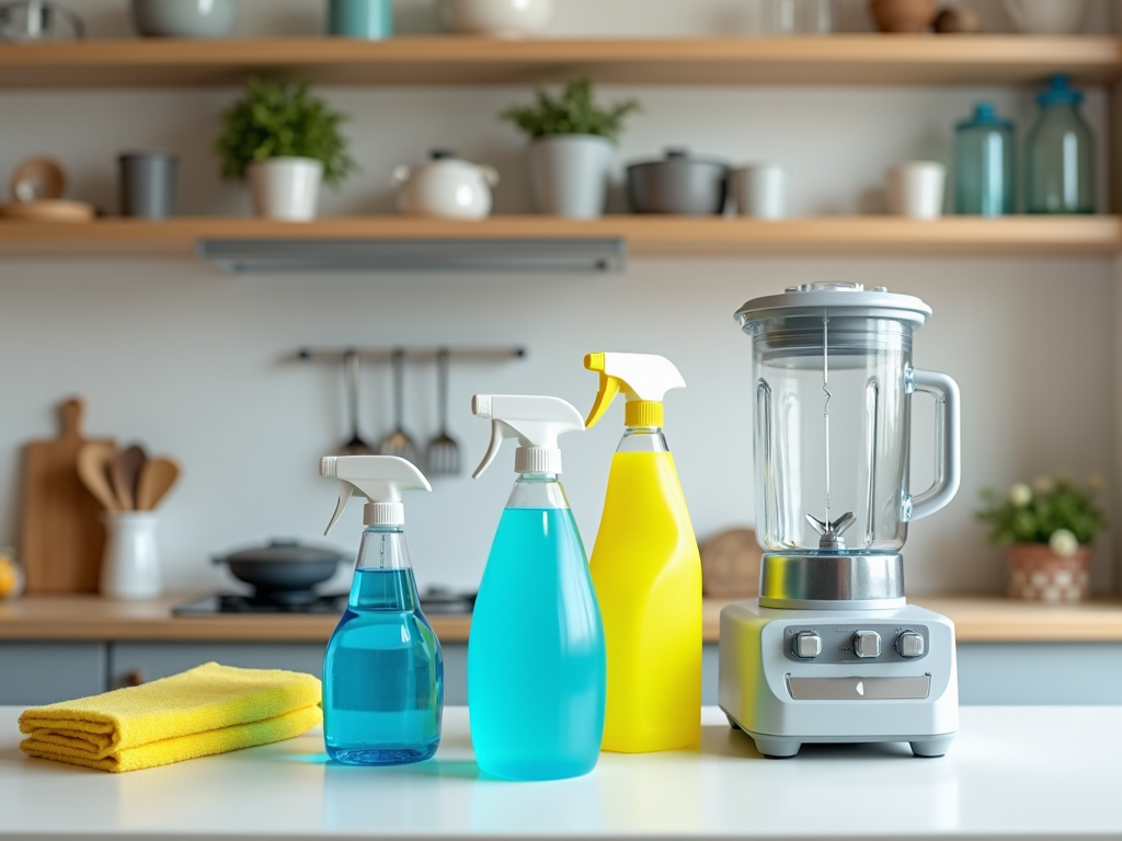 Colorful cleaning spray bottles and a blender on a kitchen counter with shelves in the background.