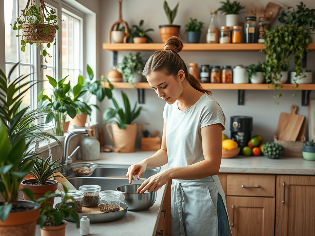 A woman in a modern kitchen prepares food while surrounded by plants and cooking ingredients in jars.