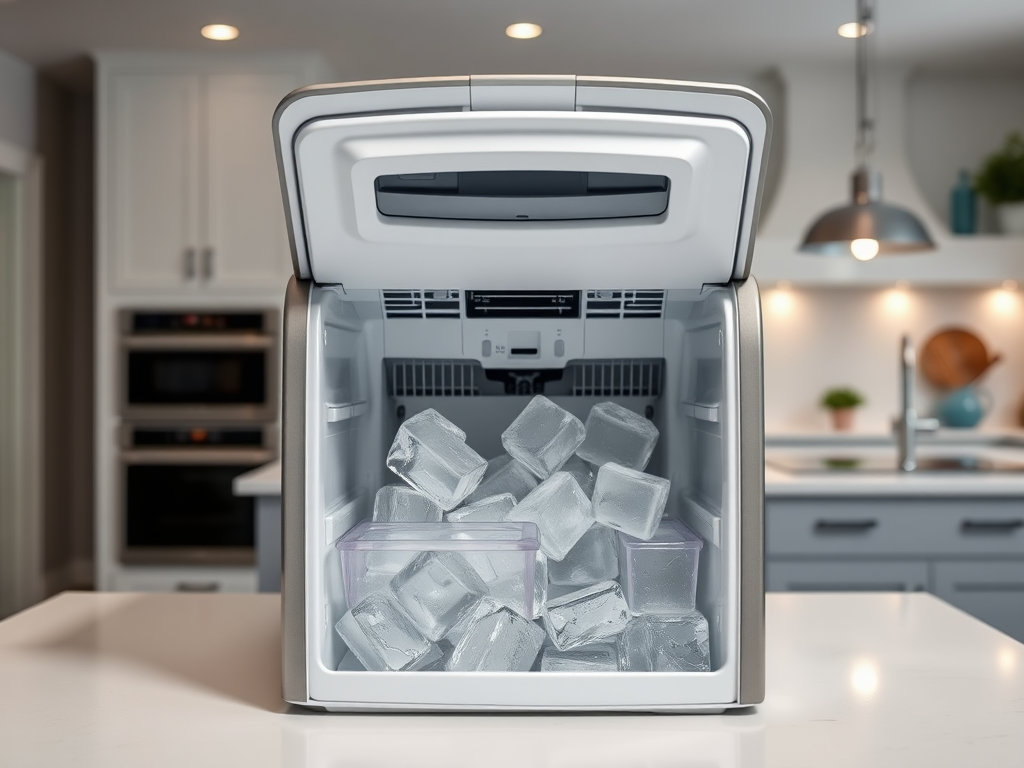 A countertop ice maker with clear ice cubes stored in two bins, set in a modern kitchen environment.