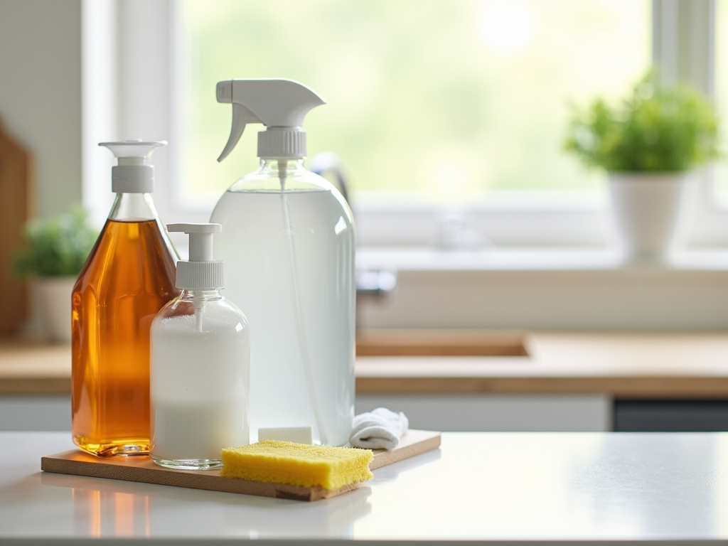 Assorted cleaning supplies on a kitchen countertop, including spray bottles and a sponge.