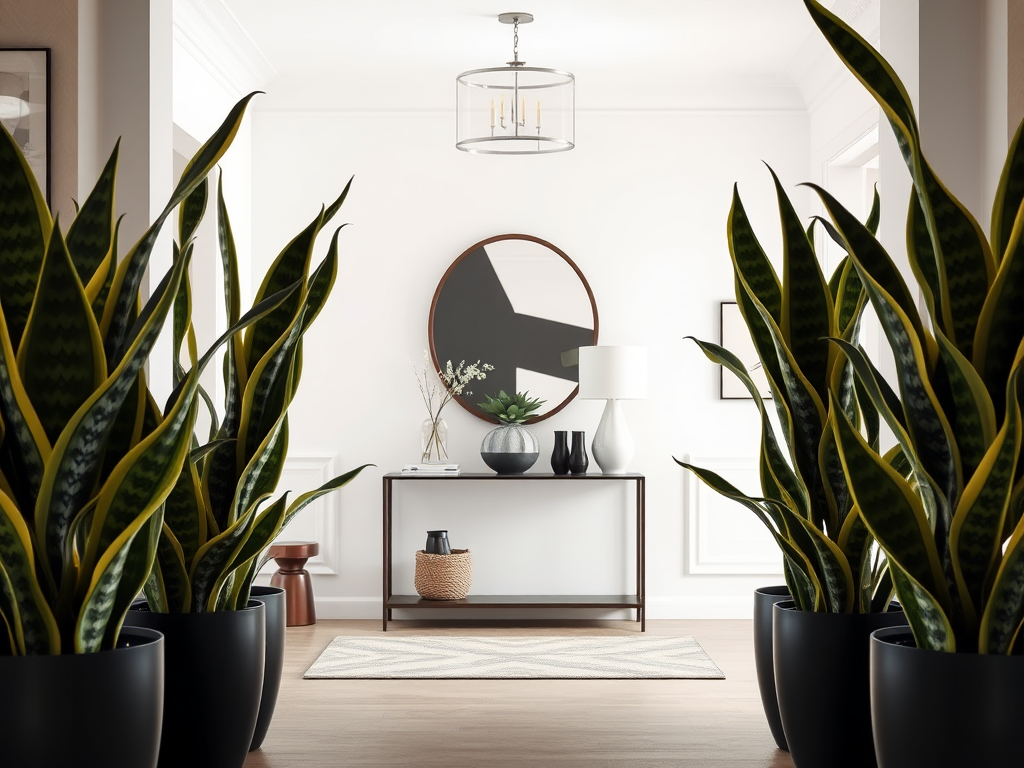 A modern interior with tall plants, a wooden console table, and stylish decor against a bright backdrop.