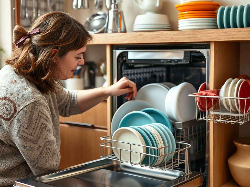 A woman is loading clean plates into a dishwasher in a cozy kitchen with colorful dishware.