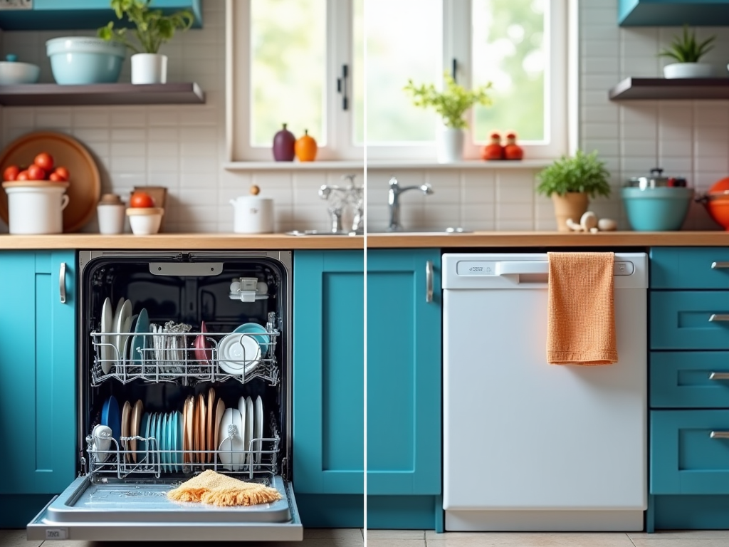 Split image of a kitchen with open dishwasher full of dishes on the left and closed dishwasher on the right.