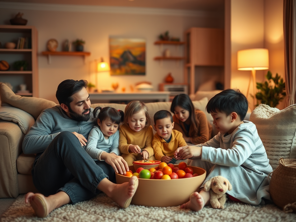 A family enjoys time together, playing with colorful fruits in a bowl, seated on a cozy living room floor.