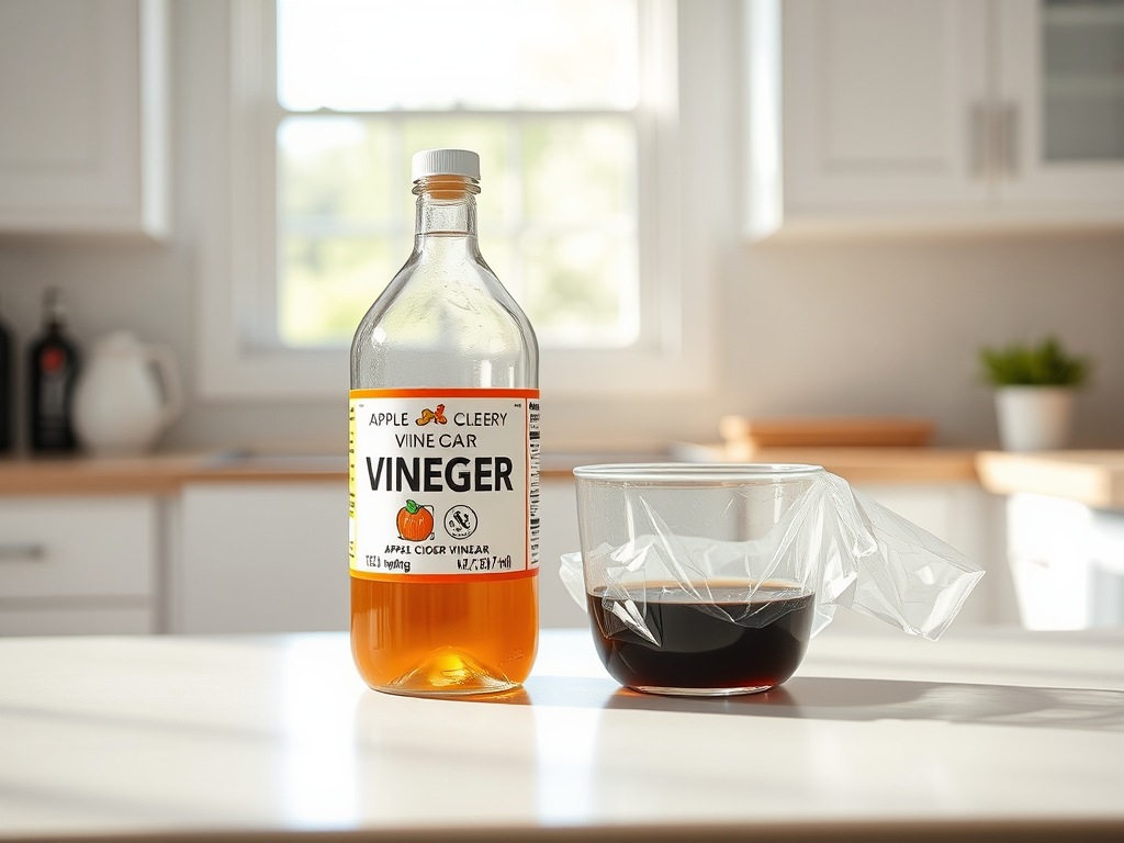 A bottle of apple cider vinegar on a kitchen counter next to a glass bowl covered with plastic wrap.