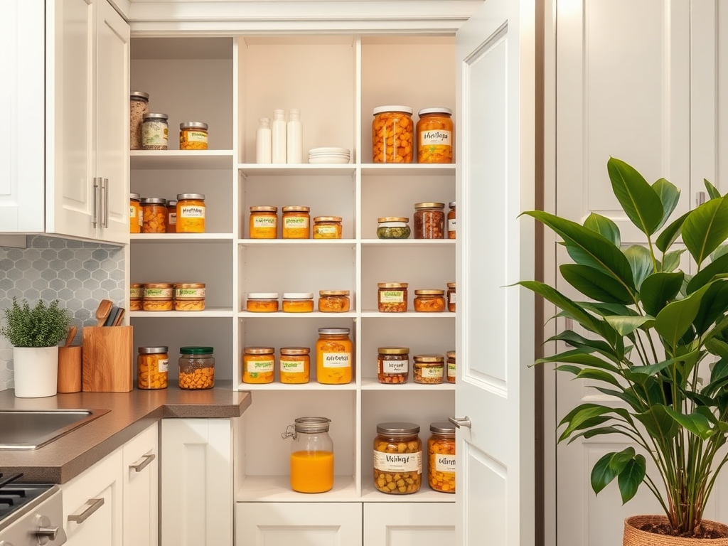 A neatly organized pantry with jars of food, a plant, and kitchen utensils on a counter beside a sink.