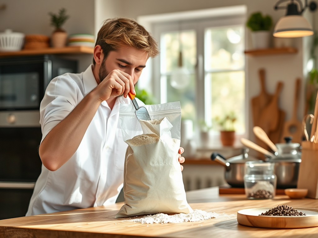 A person in a kitchen measures flour from a bag with a measuring scoop, surrounded by various cooking utensils.