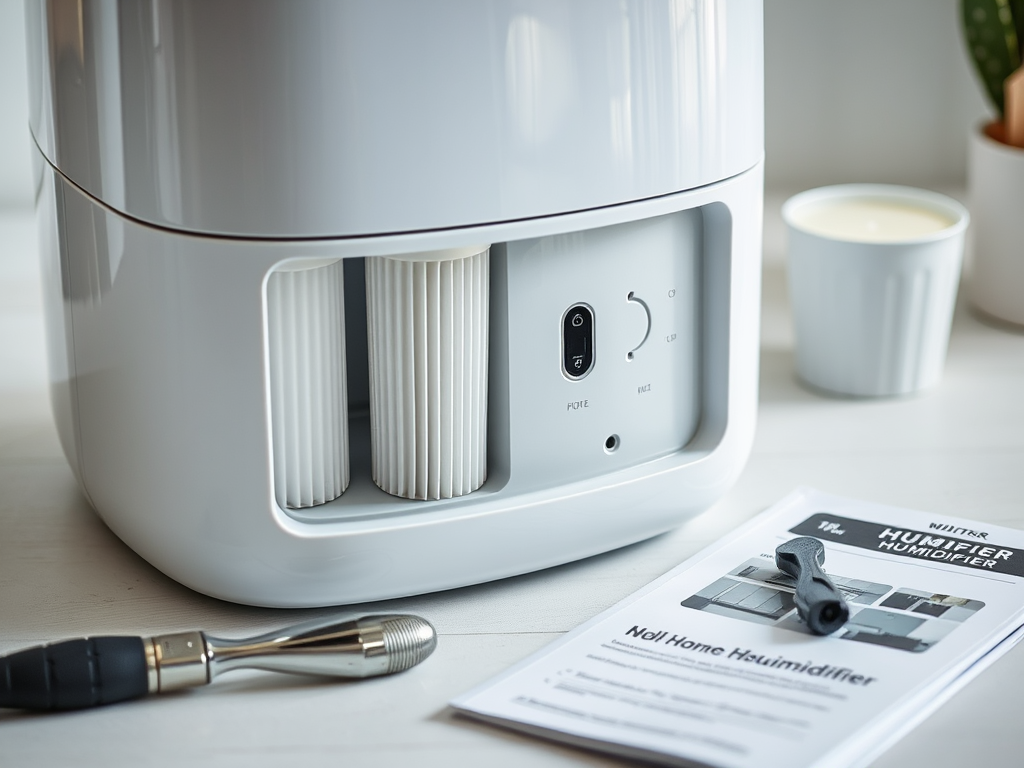 A modern humidifier on a table, featuring a manual, and tools beside it, with potted plants in the background.