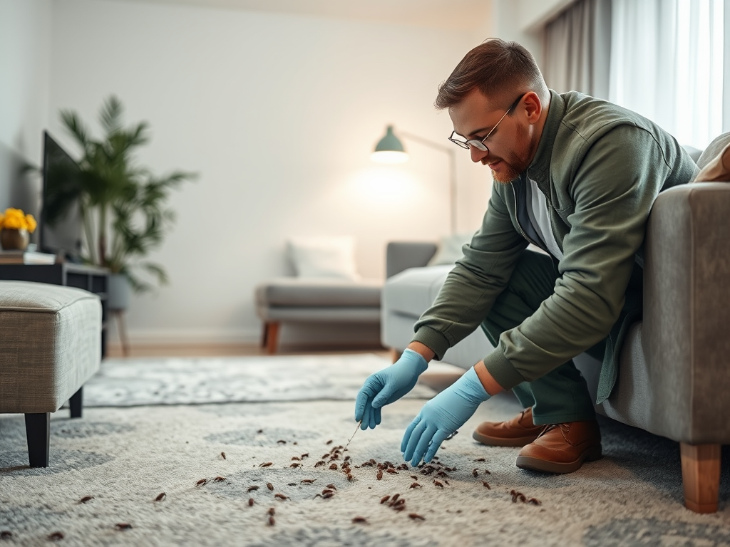 A man in gloves inspects a carpet strewn with small insects in a cozy living room.