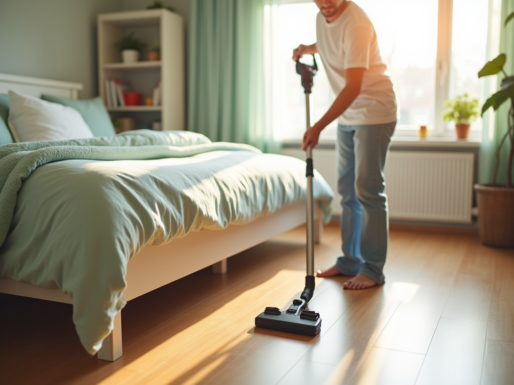 Man vacuuming the floor in a sunny bedroom with a bed and plants visible.