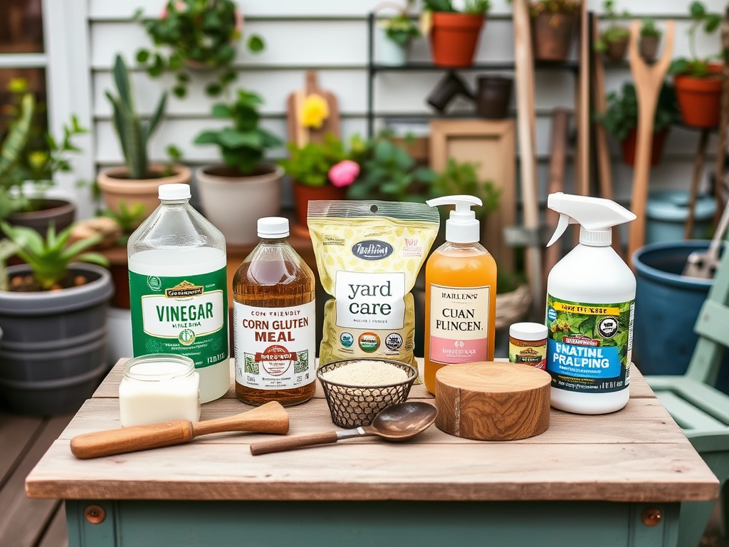 A collection of gardening supplies on a table, including vinegar, corn gluten meal, and various natural products.