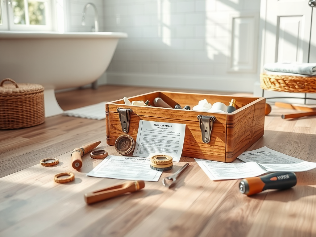 A wooden toolbox is open on a bathroom floor, filled with tools and papers, beside a bathtub and basket.