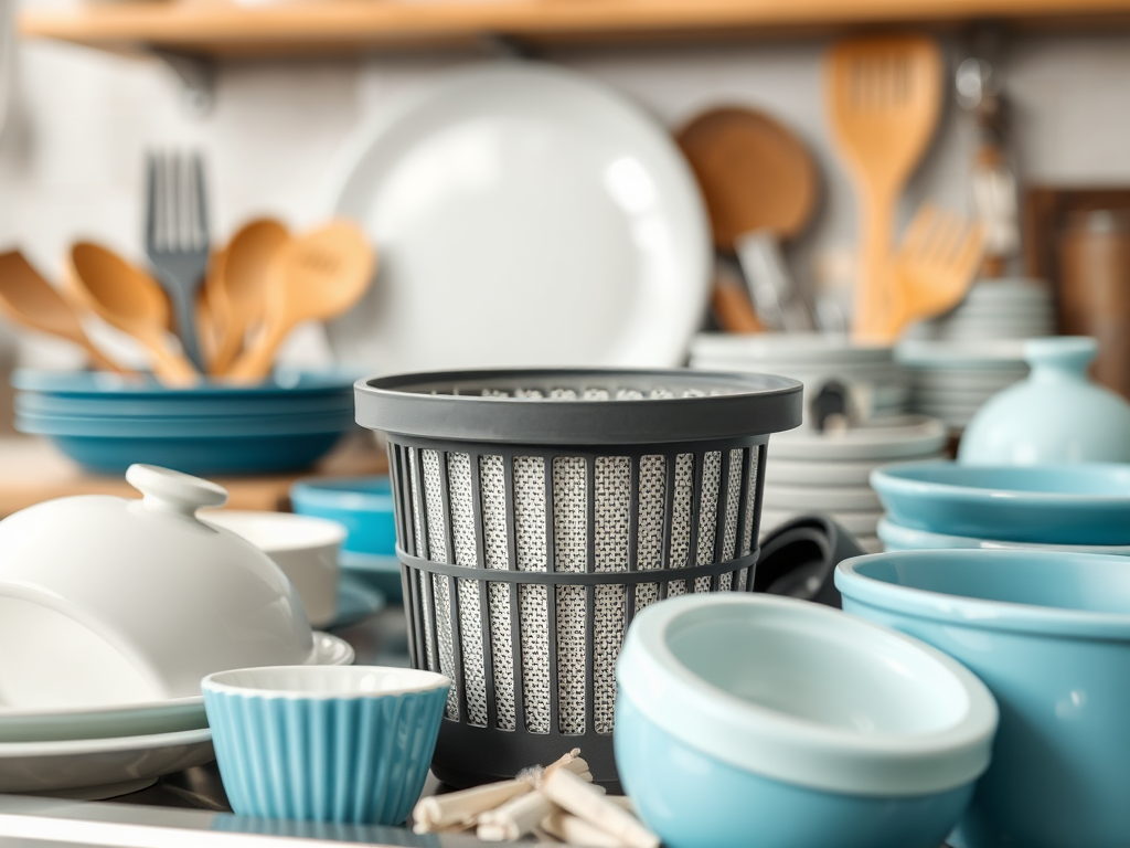 A collection of various kitchenware including bowls, plates, utensils, and a grey basket in a vibrant, organized setting.