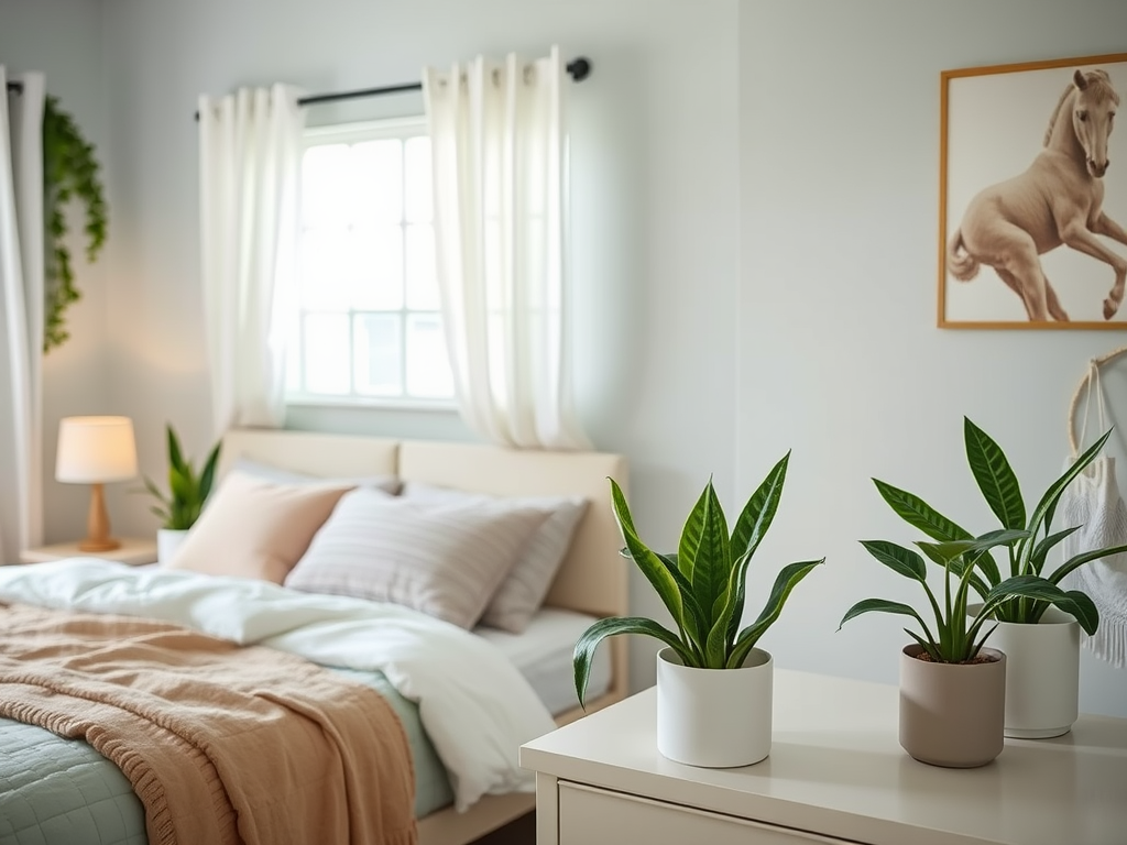 A cozy bedroom featuring a bed with soft pillows, plants, a lamp, and a horse painting on the wall.