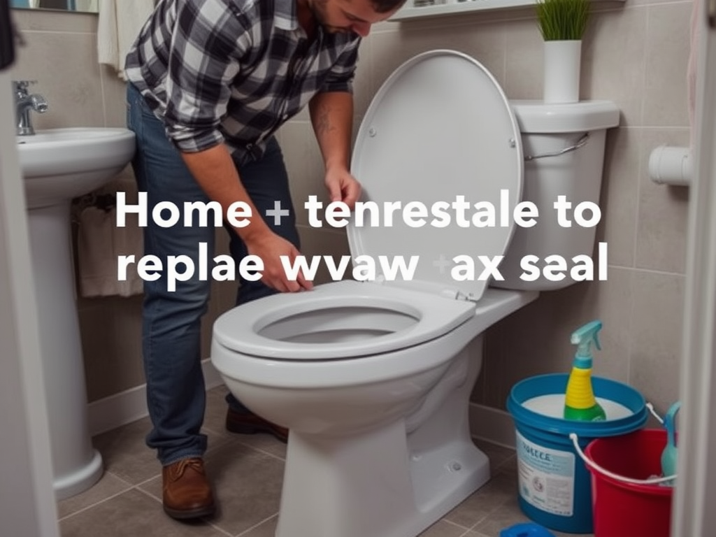 A person repairs a toilet in a bathroom, with cleaning supplies visible nearby.