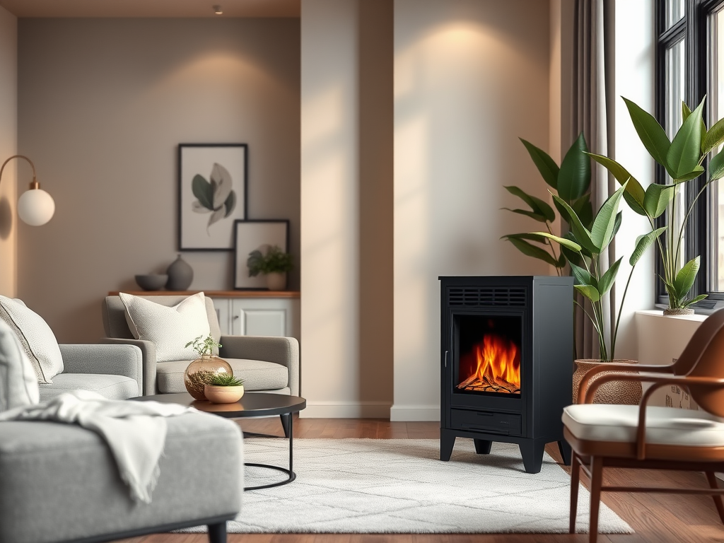 A cozy living room with a black fireplace, soft seating, plants, and warm lighting creating a welcoming atmosphere.