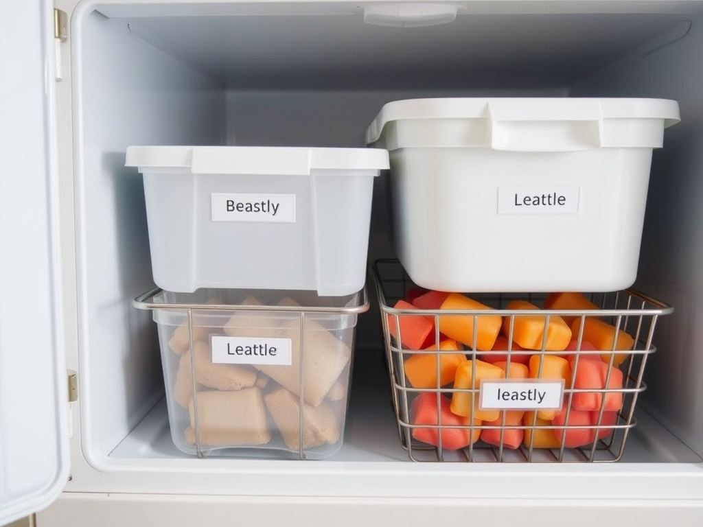 A freezer with labeled containers: "Beastly" on top, "Leattle" below with food, and "leastly" in a basket of colored items.