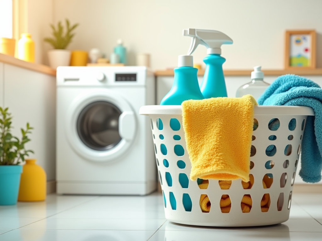 Laundry basket with towels and detergents in front of a washing machine in a bright room.