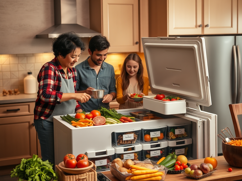 Three people in a kitchen are preparing food together, with a refrigerator full of colorful vegetables and fruits.