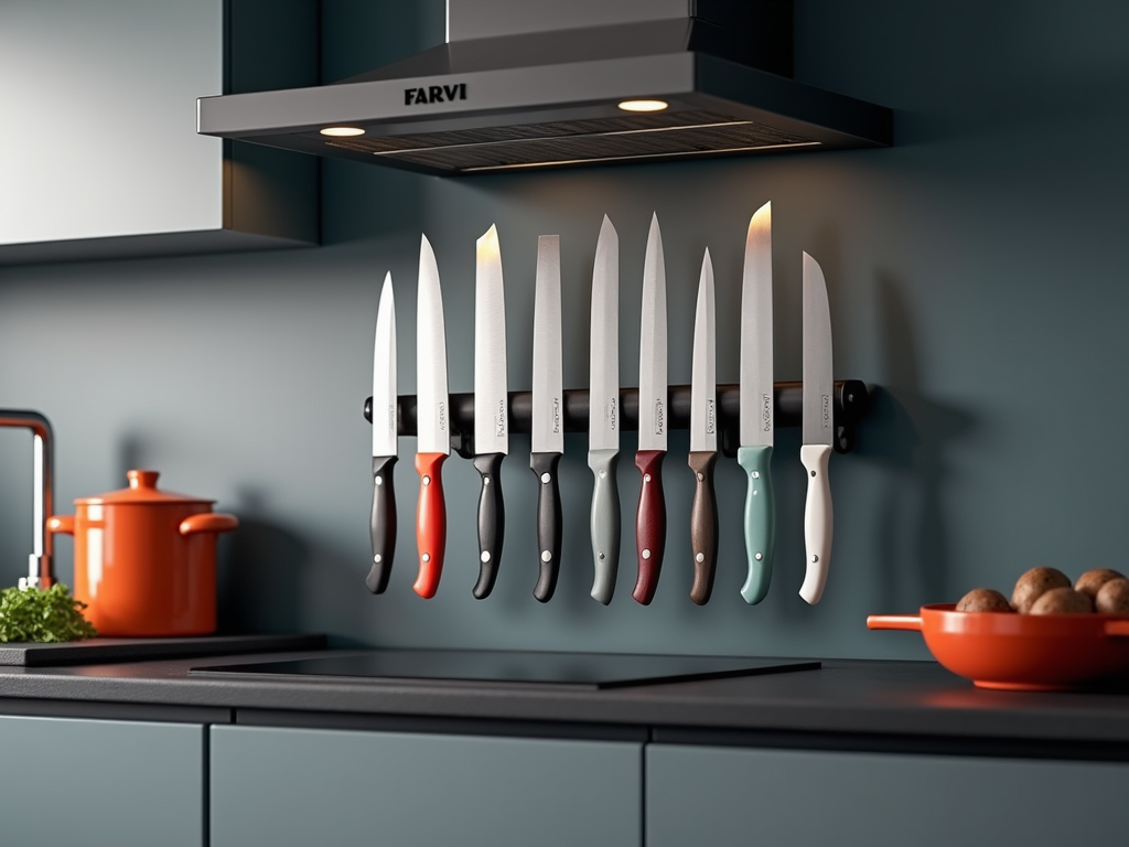 Assorted colorful knives magnetically attached on a wall in a modern kitchen.