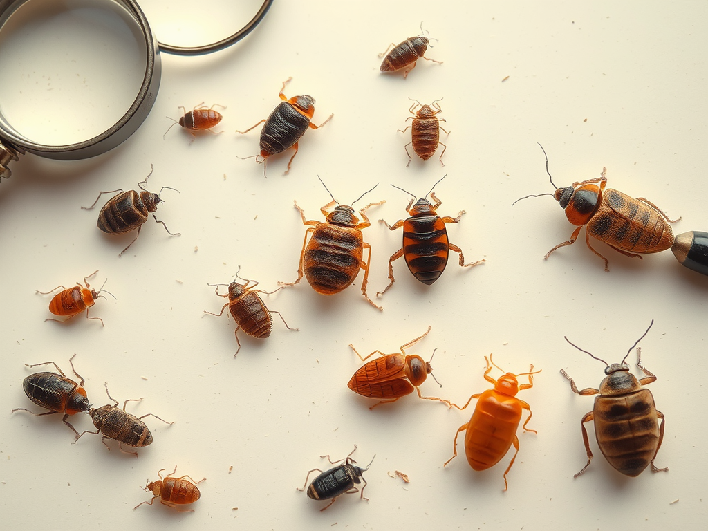 A collection of different bed bugs in various sizes and colors on a surface, with a magnifying glass nearby.