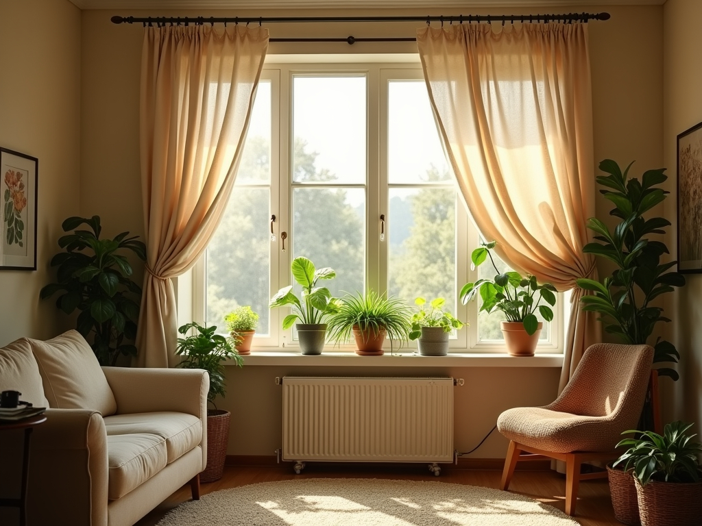 Cozy living room interior with large window, lush houseplants, and warm sunlight.