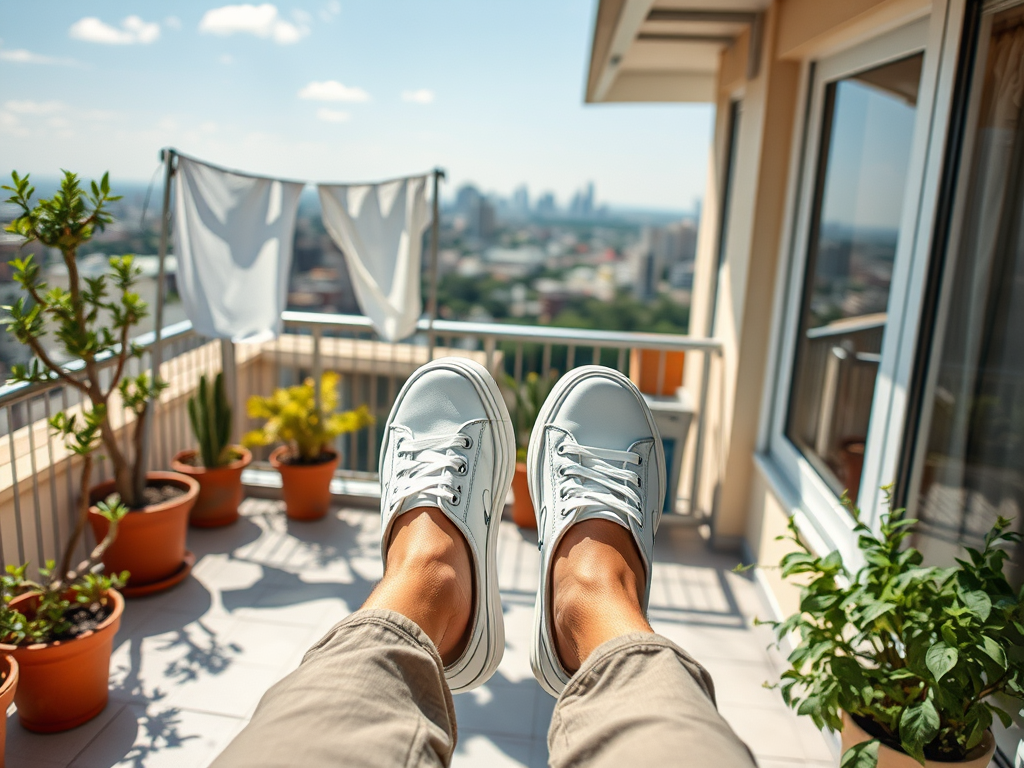 A person's feet in light sneakers resting on a balcony with potted plants and city skyline in the background.