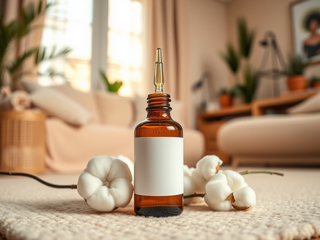 A brown glass dropper bottle sits on a beige rug next to cotton blossoms, with a cozy living room in the background.