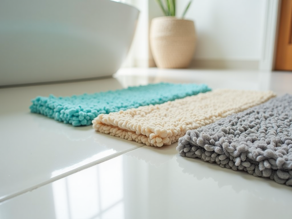 Four bath mats in teal, cream, and gray on a shiny white surface with a laptop and plant in background.