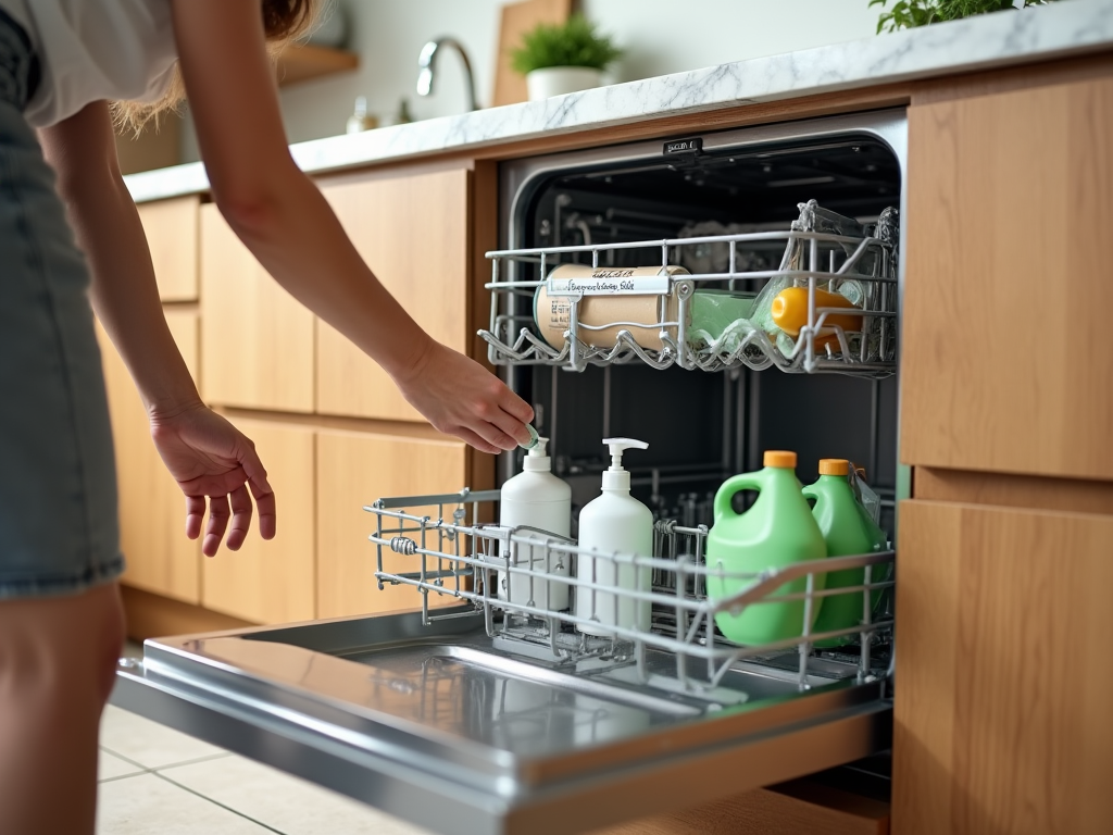 Person loading a dishwasher with detergent and various cleaning bottles.