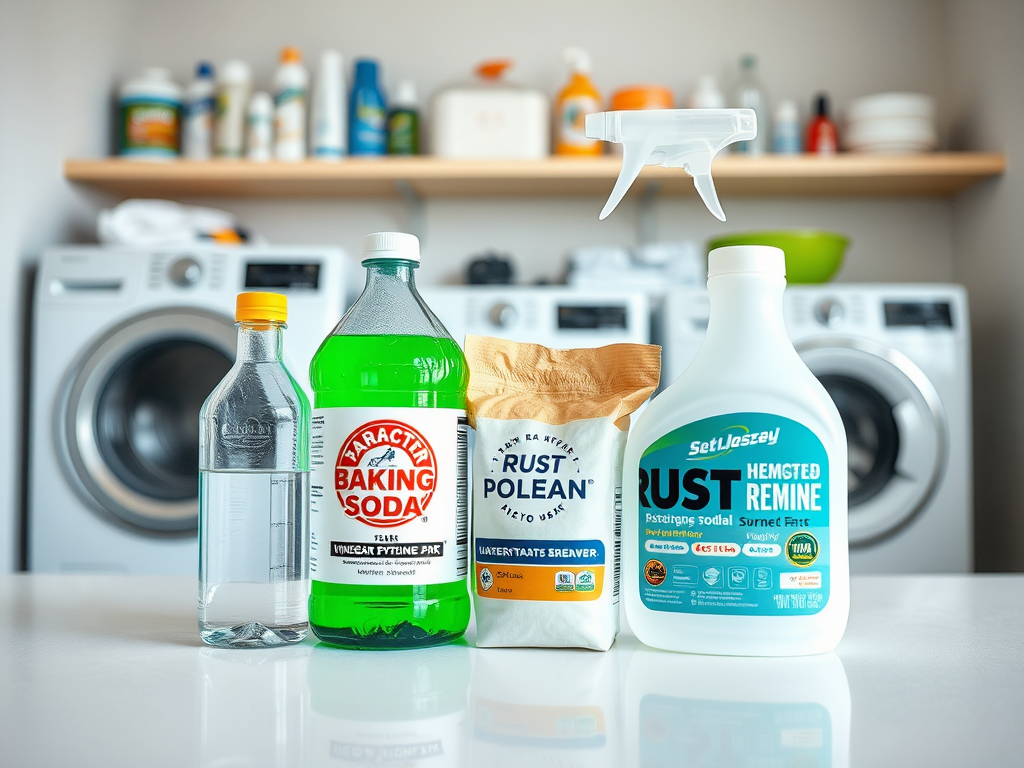 Four cleaning products on a table: baking soda, vinegar, a rust remover spray, and a cleaning powder, with laundry in the background.