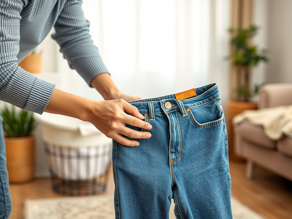 A person holding a pair of blue jeans, preparing to examine or try them on in a cozy, well-lit room.