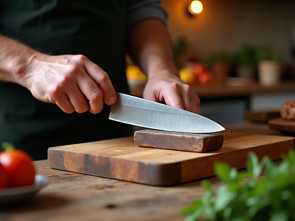 Person in apron using a large chef's knife, chopping on a wooden board in a kitchen.