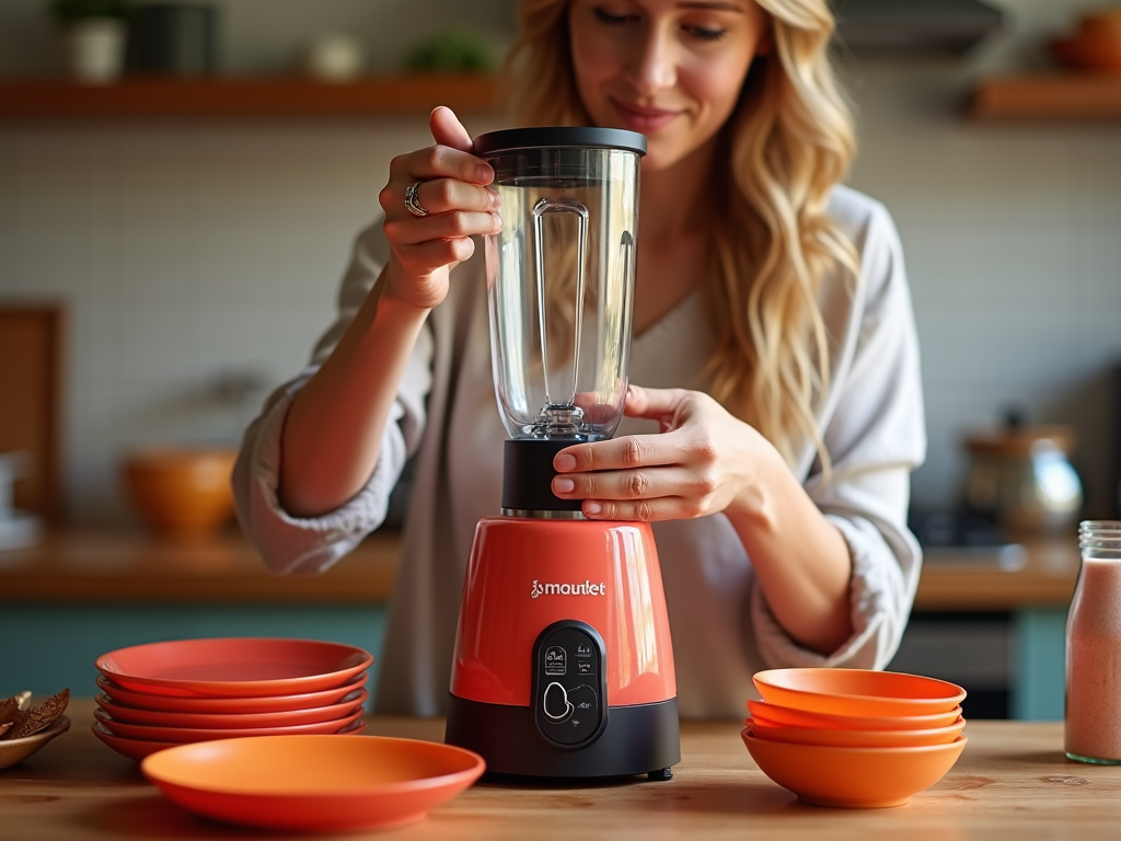 Woman using a red blender in a kitchen, with orange bowls and a smoothie nearby.