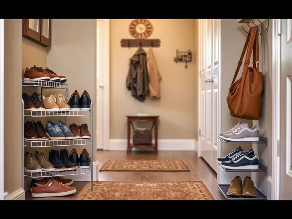 A cozy hallway with a shoe rack, a coatrack, and a handbag, featuring rugs on the wooden floor.