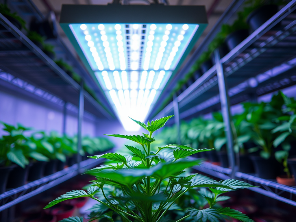 A close-up view of green plants under bright LED grow lights in a well-organized indoor garden.