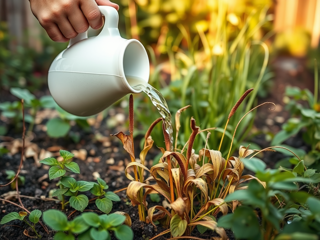 A hand pours water from a white watering can onto a wilted plant in a garden, surrounded by healthy green foliage.