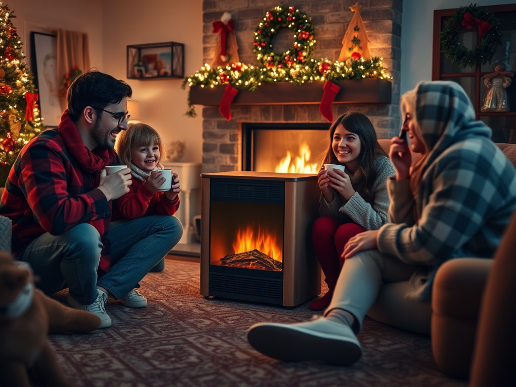 A family gathers by the fire, enjoying hot drinks, surrounded by festive decorations for Christmas.