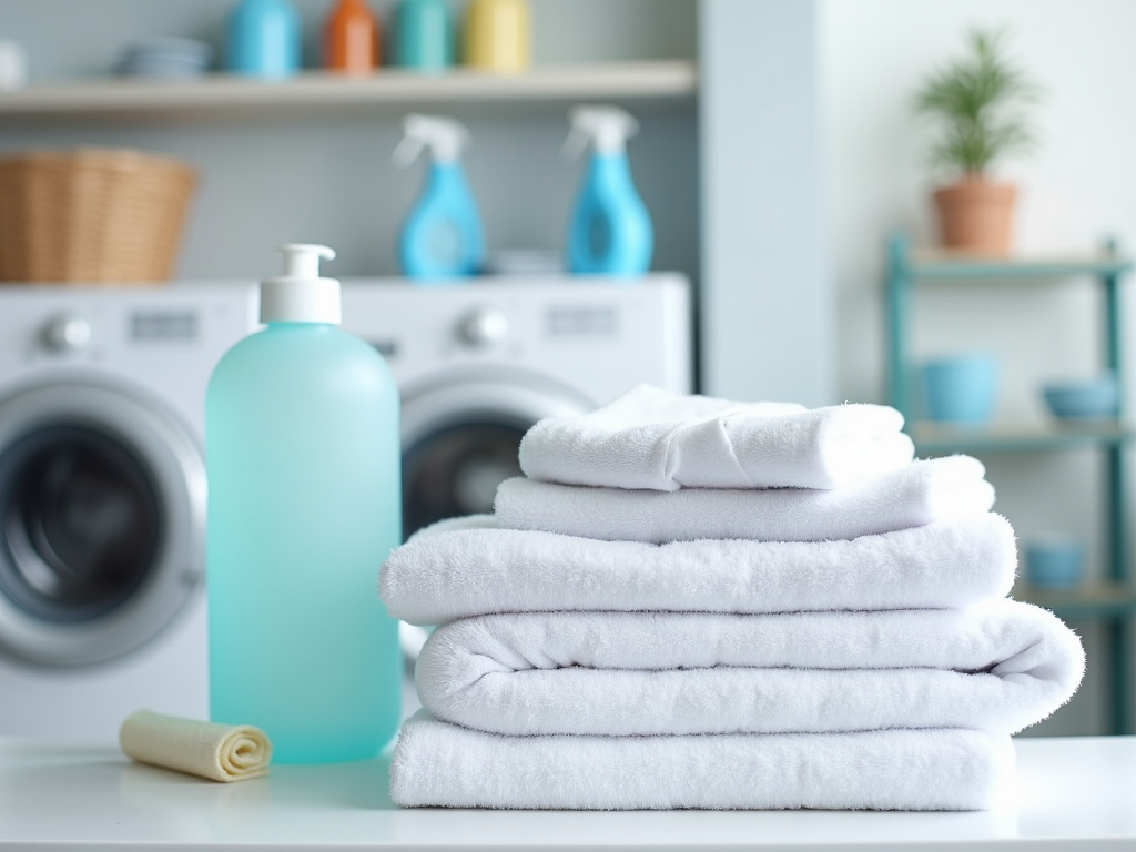 Stack of fresh white towels and a blue soap dispenser in a laundry room with washing machines.