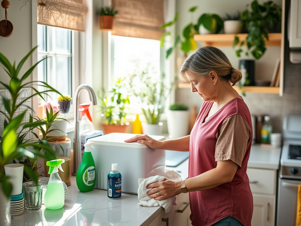 A woman cleans a container on her kitchen counter, surrounded by plants and cleaning supplies in a sunny setting.